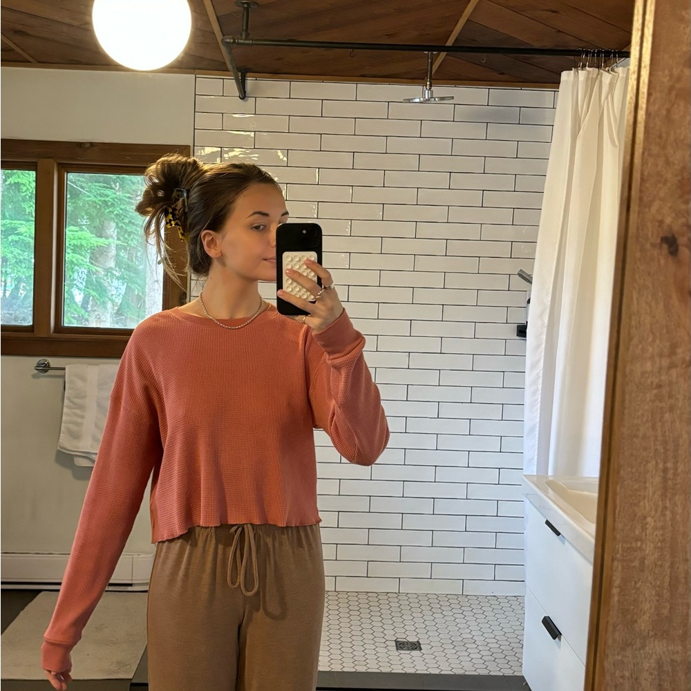 Cozy Pink Sweater and Tan Pants